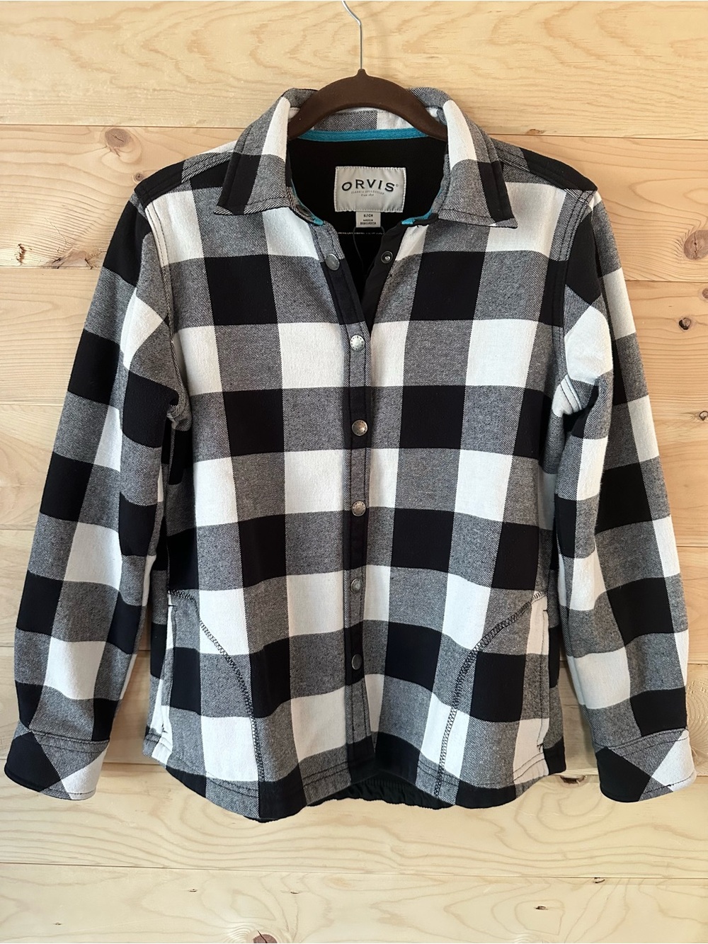 Orvis Fleece Lined Black White Plaid Shirt Jacket Snap Front Buffalo Check Small